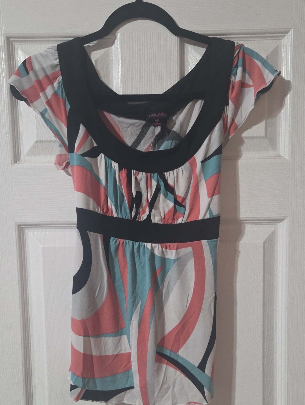Takara Scoop Neck Tunic in Coral, Teal & Black Accents